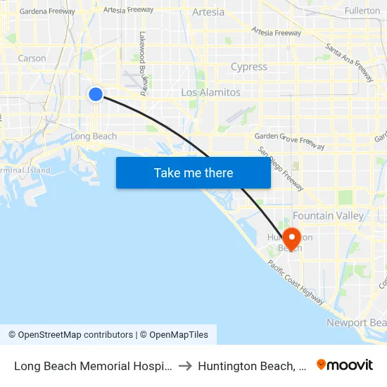 Long Beach Memorial Hospital to Huntington Beach, CA map
