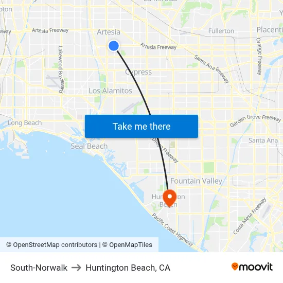 South-Norwalk to Huntington Beach, CA map