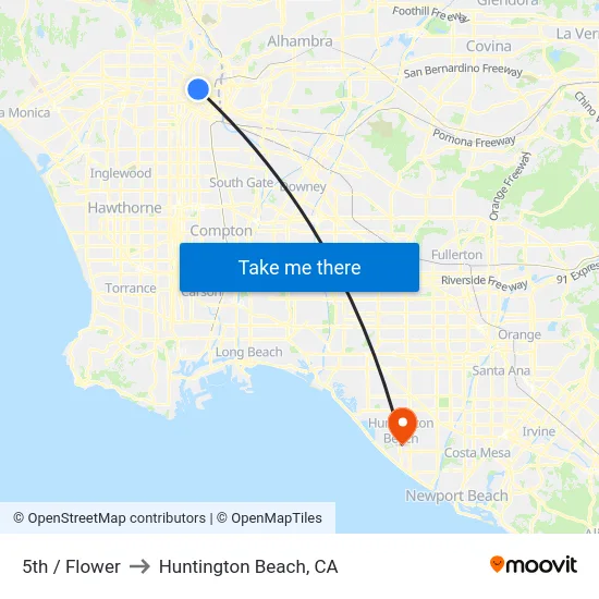 5th / Flower to Huntington Beach, CA map
