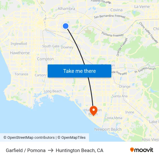 Garfield / Pomona to Huntington Beach, CA map