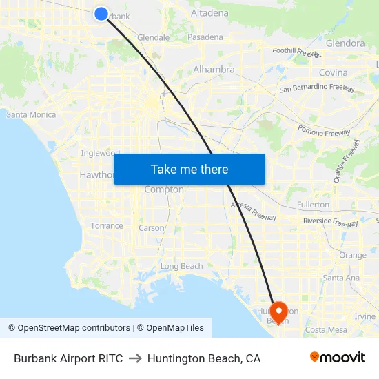 Burbank Airport RITC to Huntington Beach, CA map