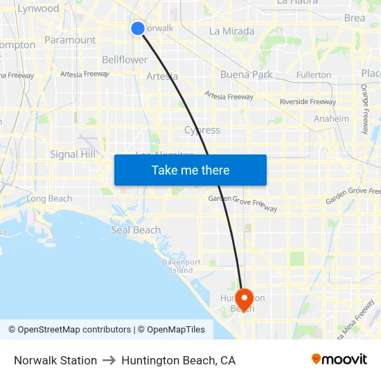 Norwalk Station to Huntington Beach, CA map