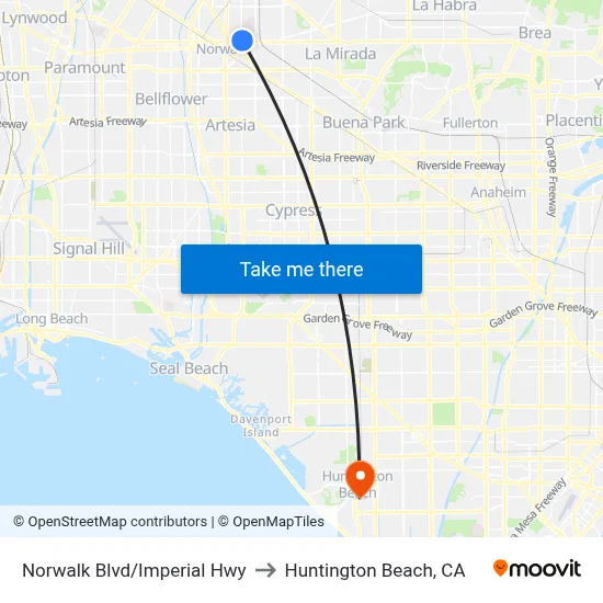Norwalk Blvd/Imperial Hwy to Huntington Beach, CA map