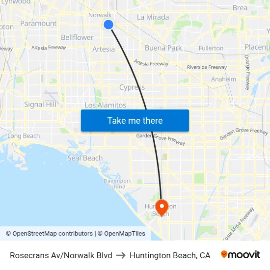 Rosecrans Av/Norwalk Blvd to Huntington Beach, CA map