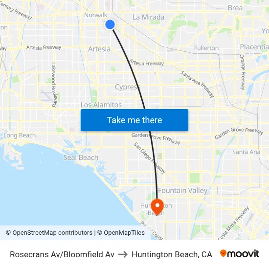Rosecrans Av/Bloomfield Av to Huntington Beach, CA map