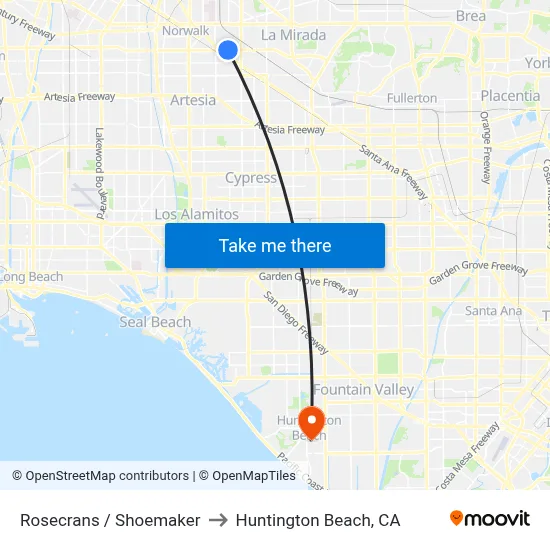 Rosecrans / Shoemaker to Huntington Beach, CA map