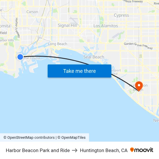Harbor Beacon Park and Ride to Huntington Beach, CA map