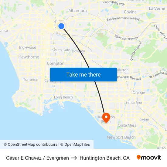 Cesar E Chavez / Evergreen to Huntington Beach, CA map