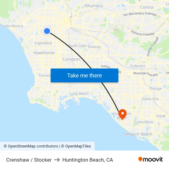 Crenshaw / Stocker to Huntington Beach, CA map