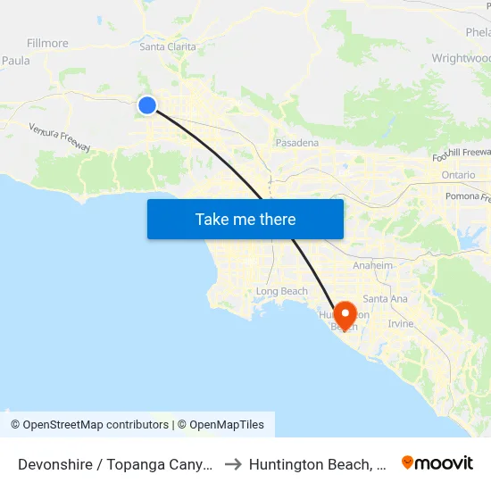 Devonshire / Topanga Canyon to Huntington Beach, CA map