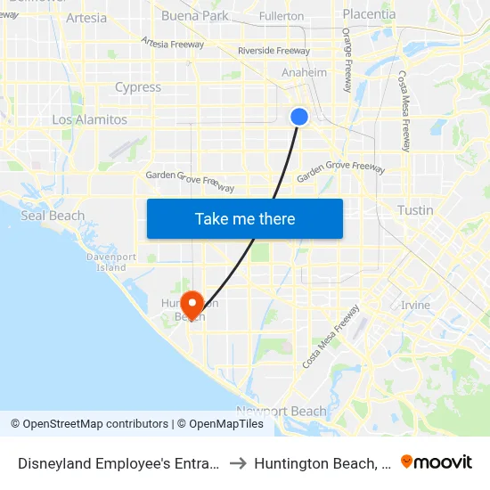 Disneyland Employee's Entrance to Huntington Beach, CA map