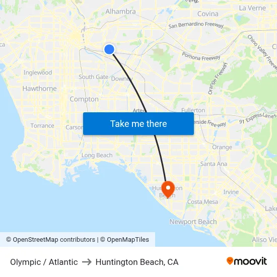 Olympic / Atlantic to Huntington Beach, CA map
