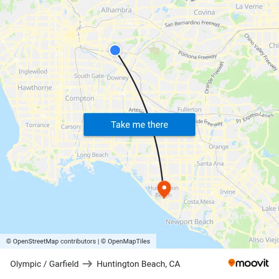Olympic / Garfield to Huntington Beach, CA map