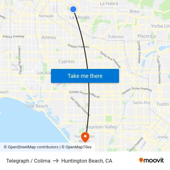 Telegraph / Colima to Huntington Beach, CA map