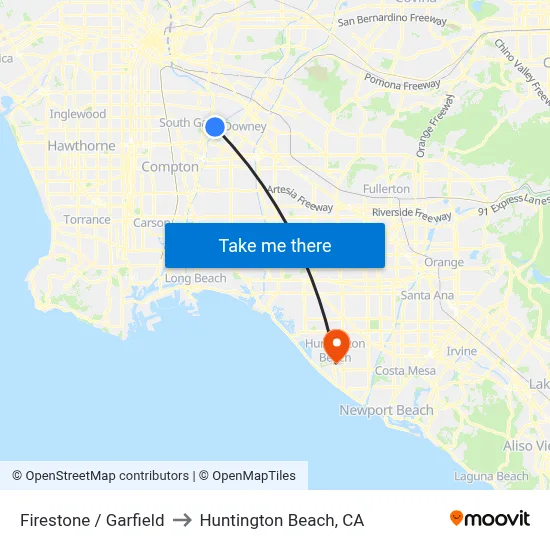 Firestone / Garfield to Huntington Beach, CA map