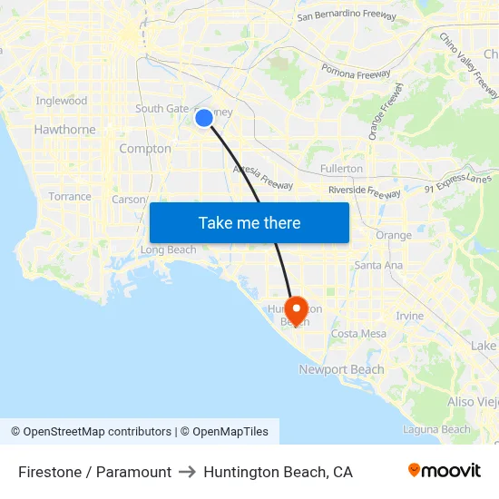 Firestone / Paramount to Huntington Beach, CA map