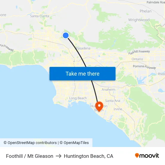 Foothill / Mt Gleason to Huntington Beach, CA map