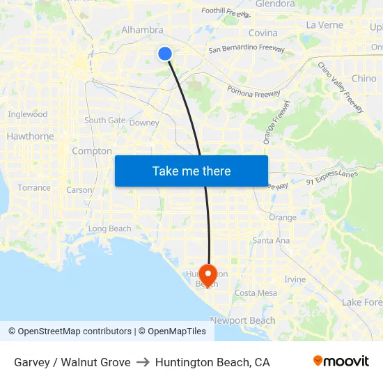 Garvey / Walnut Grove to Huntington Beach, CA map
