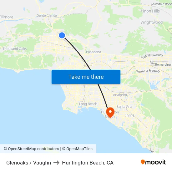Glenoaks / Vaughn to Huntington Beach, CA map