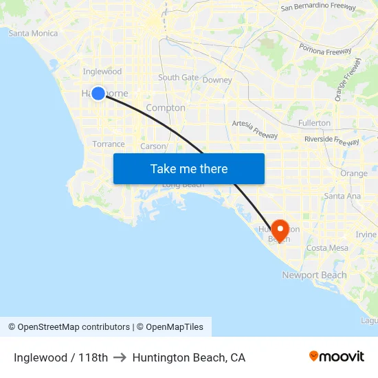 Inglewood / 118th to Huntington Beach, CA map