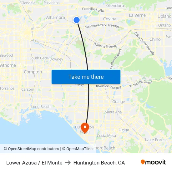 Lower Azusa / El Monte to Huntington Beach, CA map