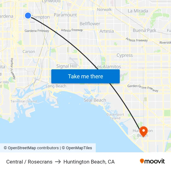 Central / Rosecrans to Huntington Beach, CA map