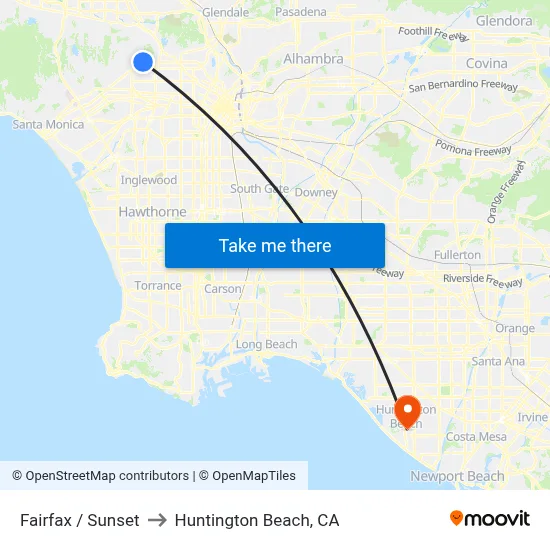 Fairfax / Sunset to Huntington Beach, CA map