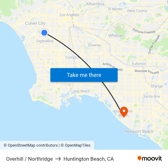 Overhill / Northridge to Huntington Beach, CA map