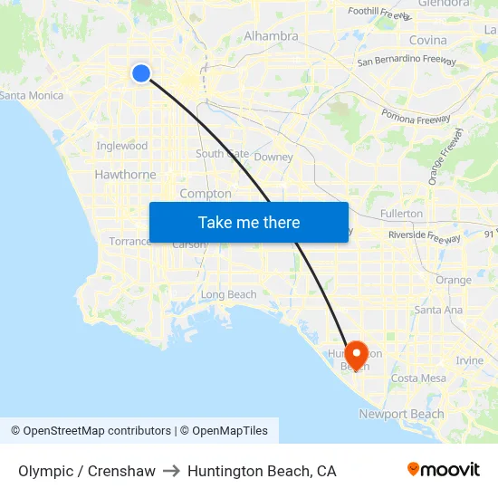 Olympic / Crenshaw to Huntington Beach, CA map