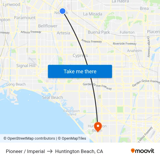 Pioneer / Imperial to Huntington Beach, CA map