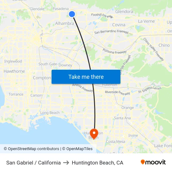 San Gabriel / California to Huntington Beach, CA map