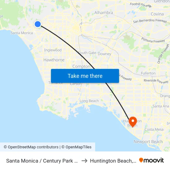 Santa Monica / Century Park West to Huntington Beach, CA map