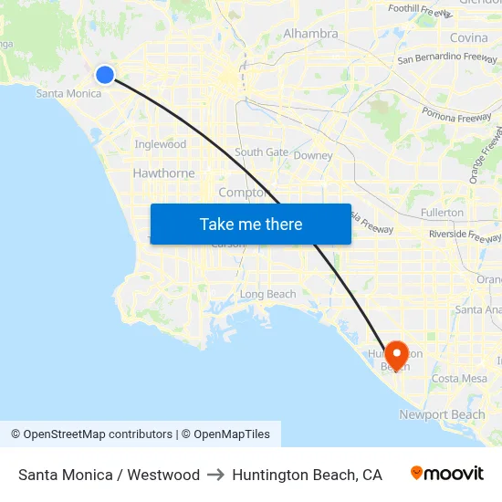Santa Monica / Westwood to Huntington Beach, CA map