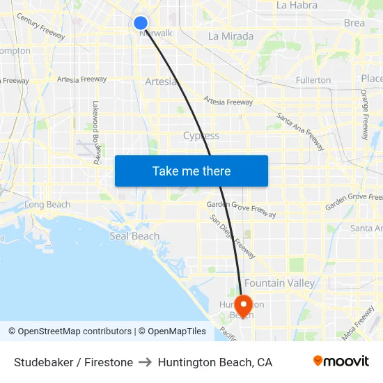 Studebaker / Firestone to Huntington Beach, CA map