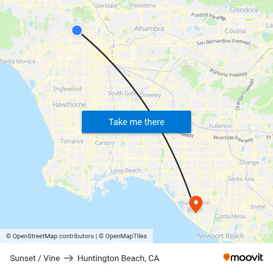 Sunset / Vine to Huntington Beach, CA map