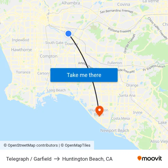 Telegraph / Garfield to Huntington Beach, CA map