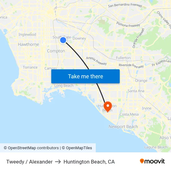Tweedy / Alexander to Huntington Beach, CA map