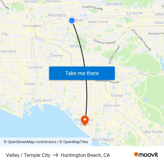Valley / Temple City to Huntington Beach, CA map