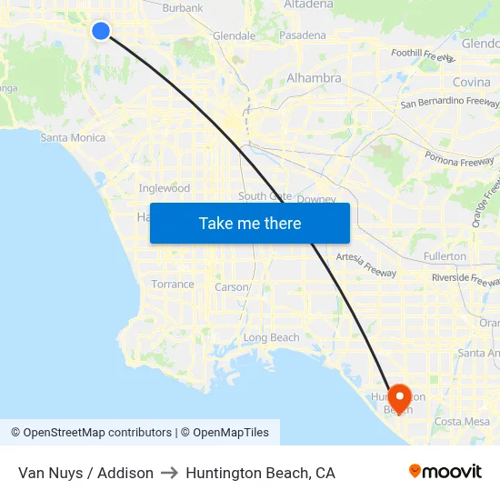 Van Nuys / Addison to Huntington Beach, CA map