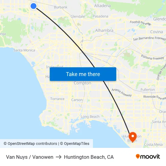 Van Nuys / Vanowen to Huntington Beach, CA map
