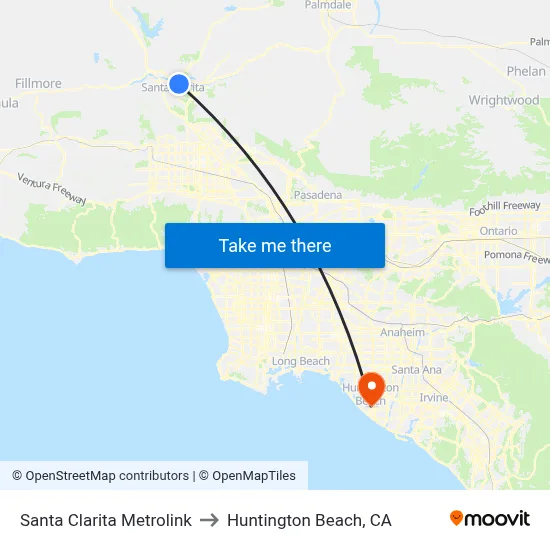 Santa Clarita Metrolink to Huntington Beach, CA map