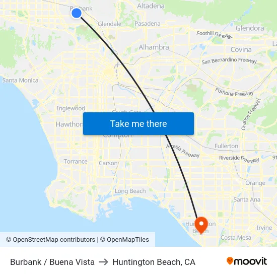 Burbank / Buena Vista to Huntington Beach, CA map