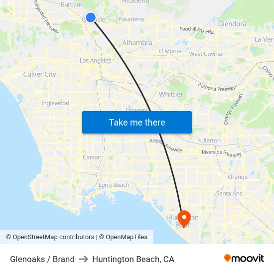 Glenoaks / Brand to Huntington Beach, CA map