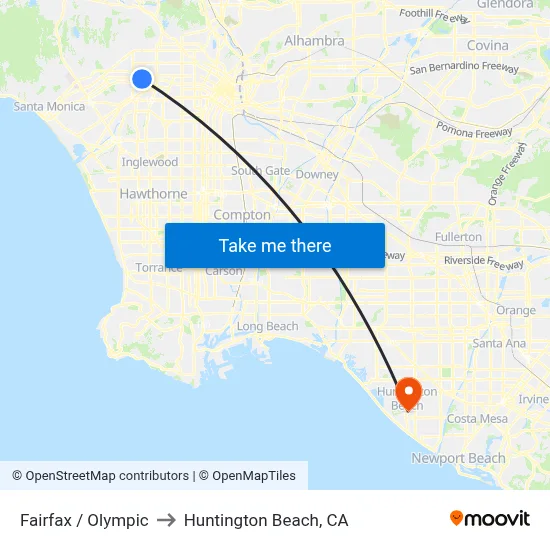 Fairfax / Olympic to Huntington Beach, CA map