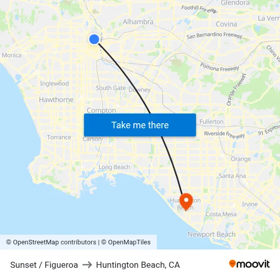 Sunset / Figueroa to Huntington Beach, CA map