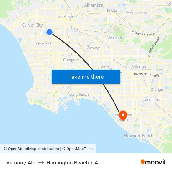 Vernon / 4th to Huntington Beach, CA map