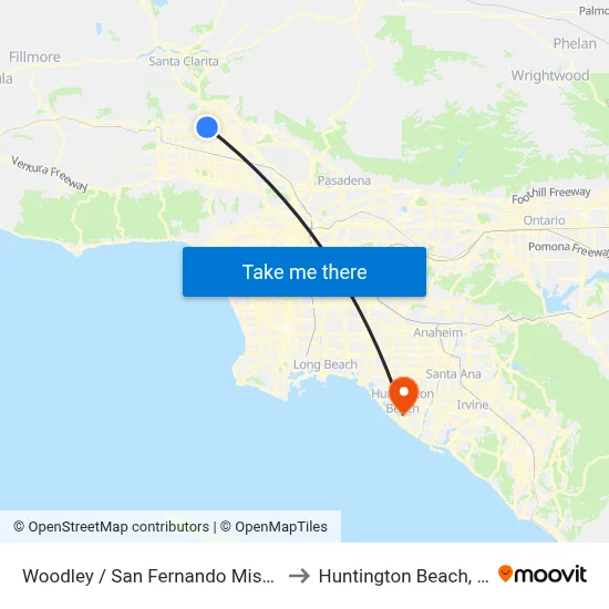 Woodley / San Fernando Mission to Huntington Beach, CA map
