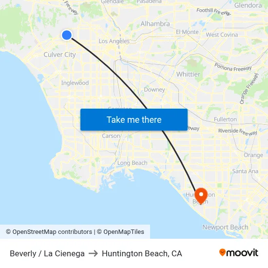 Beverly / La Cienega to Huntington Beach, CA map