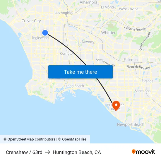 Crenshaw / 63rd to Huntington Beach, CA map