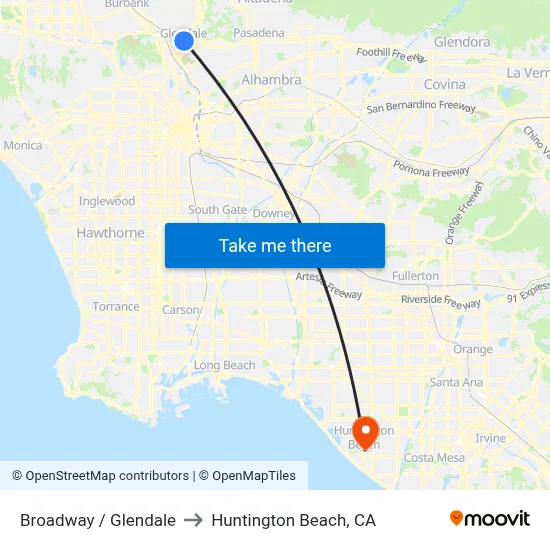 Broadway / Glendale to Huntington Beach, CA map